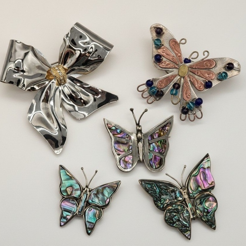 Lot of 5 Vtg Butterfly Bow‎ Brooch Pins MOP Inlay Alpaca Silver Tone Iridescent